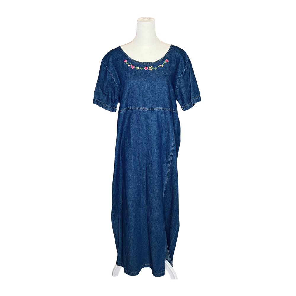 Vtg 90s Denim Maxi Dress Embroidered Flowers Whimsical Cottagecore Boho Teacher